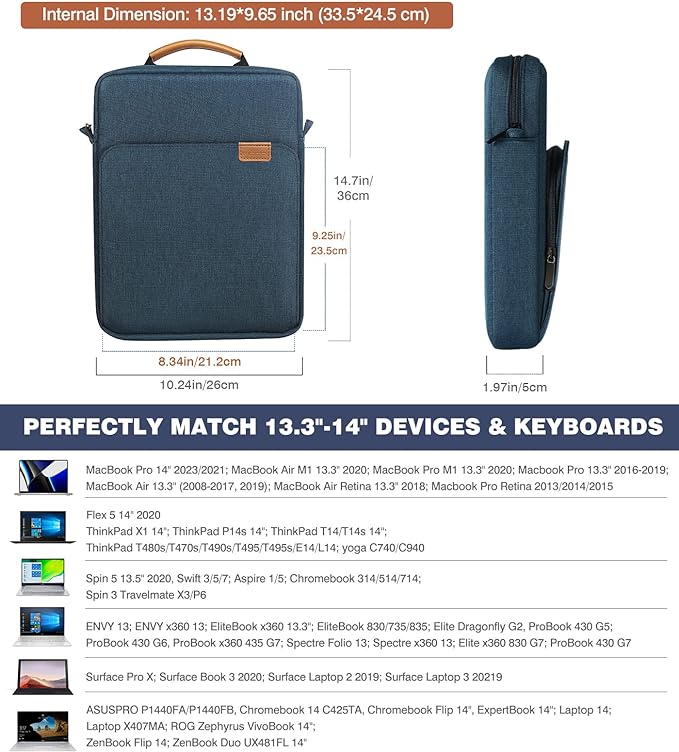 MoKo 13.3-14 Inch Laptop Sleeve Bag Fits Macbook Pro 13" M2 2022/Pro M1 Pro/M1 Max 14.2 2021, Macbook Air 13.6" M2 2022, Tab S8 Ultra 14.6", Handle Carrying Case with Shoulder Strap, Indigo