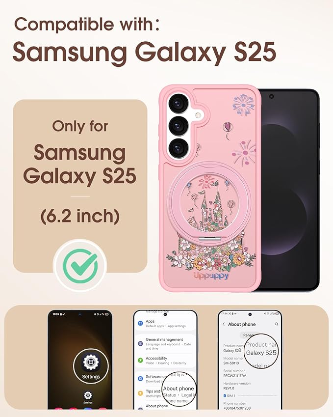 for Samsung Galaxy S25 Case with 360° Rotatable Magnetic Ring - Compatible with MagSafe, Semi-Transparent Soft-Touch Material Shockproof, Cute Pink Castle Design for Women Girl