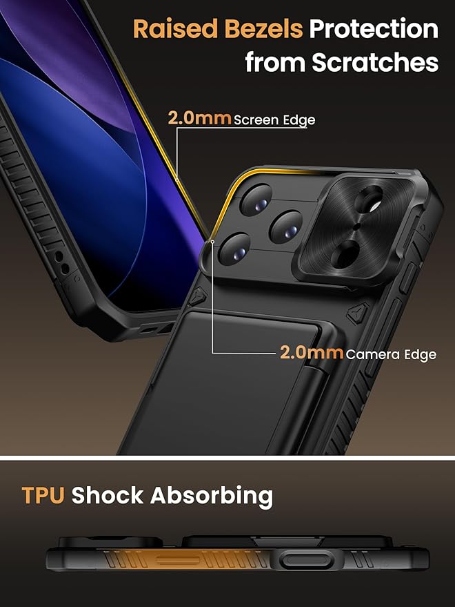 Vihibii for iPhone 17 Pro Max Case with Card Holder (4 Cards) [RFID Blocking] & Slide Camera Cover, Military Grade Drop Protection, Rugged Hard Back & Silicone Edge Wallet Phone Case 6.9" 2025, Black