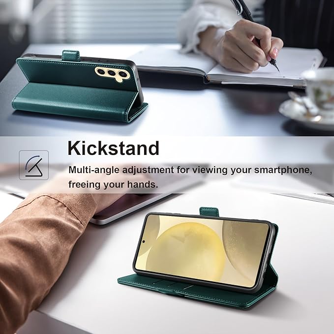 Wallet Flip Case for Samsung Galaxy S25 5G - [RFID Blocking] Luxury PU Leather Card Holder Magnetic Phone Cover with Kickstand,Shockproof Protective Case,Green