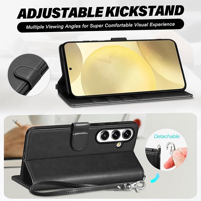 TUCCH Wallet Case for Galaxy S25 Plus with [Wrist Strap] TPU Shockproof Interior Case [RFID Blocking] Stand Card Slot, Magnetic PU Leather Cover Compatible with Galaxy S25 Plus, Black with Wristlet