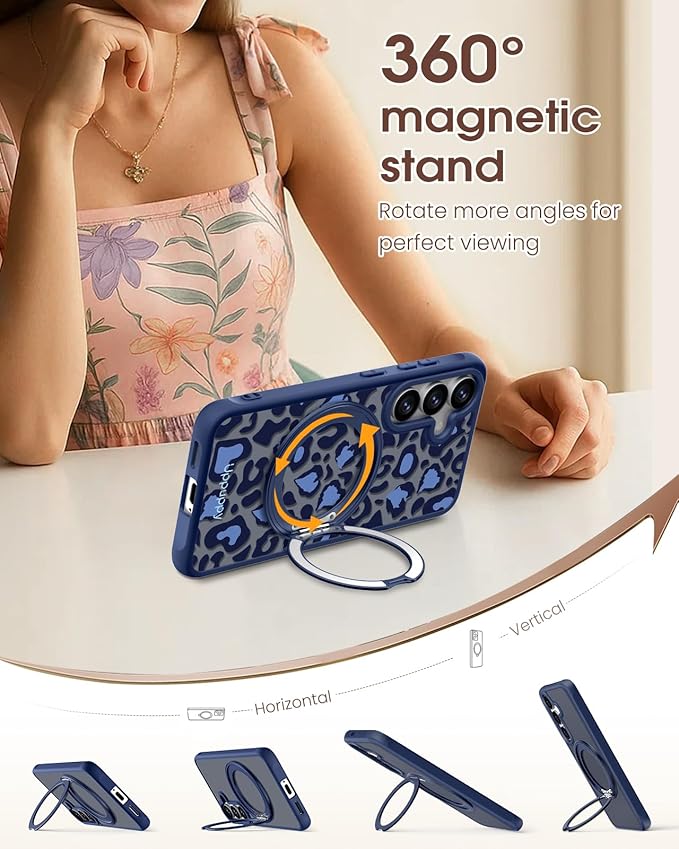 for Samsung Galaxy S25 Case with 360° Rotatable Magnetic Ring - Compatible with MagSafe, Semi-Transparent Soft-Touch Material Shockproof, Cute Blue Cheetah Print Design for Women Girl