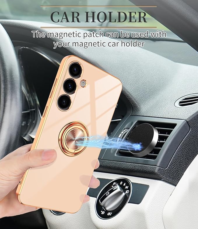 Dinick Pink for Samsung Galaxy S24+ Case with Ring Holder Kickstand [with Magnetic] Soft TPU Bumper, Glitter Gold Electroplated Cover Slim Thin Protective Phone Case for Galaxy S24 Plus