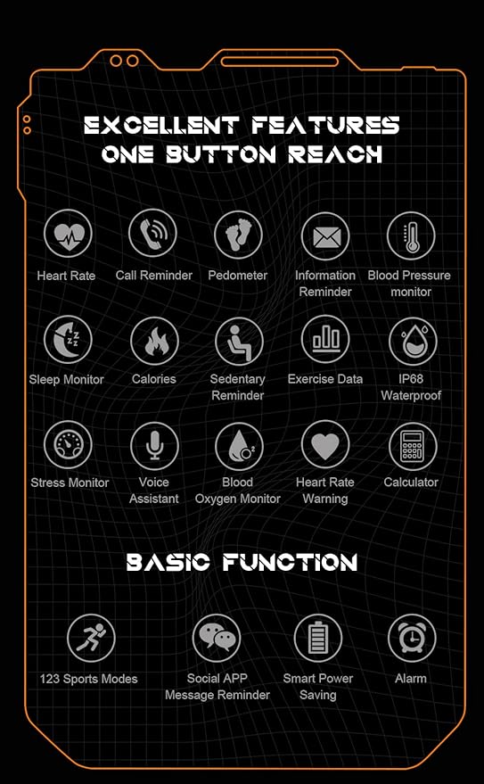 Gravity C20 Pro 1.83" Rugged Smartwatch, IP68 Waterproof, Bluetooth Call, AI Voice, 100+ Sports Modes, Heart Rate & Sleep Monitoring, Shockproof, Fitness Tracker for iOS & Android (Orange)