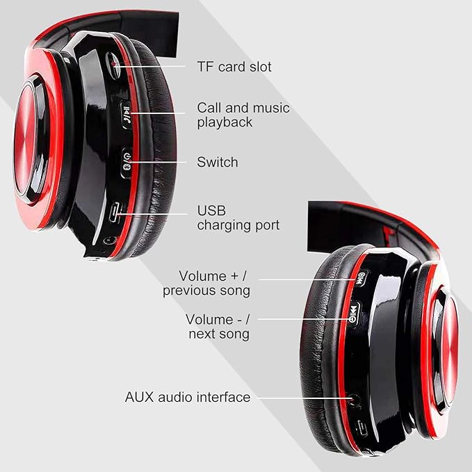 Wireless Bluetooth Headphones with Colorful LED Lights, Built-in Mic, Light Weight, Foldable, Wired HiFi Stereo Headphones for Classroom/Home Office/PC/Mobile Phone/Kids Adult (Red Black)