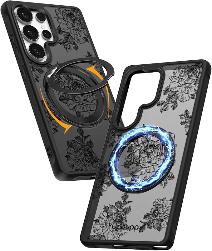 for Samsung Galaxy S25 Ultra Case with 360° Rotatable Magnetic Ring - Compatible with MagSafe, Semi-Transparent Soft-Touch Material Shockproof, Cute Line Art Flower Design for Women Girl