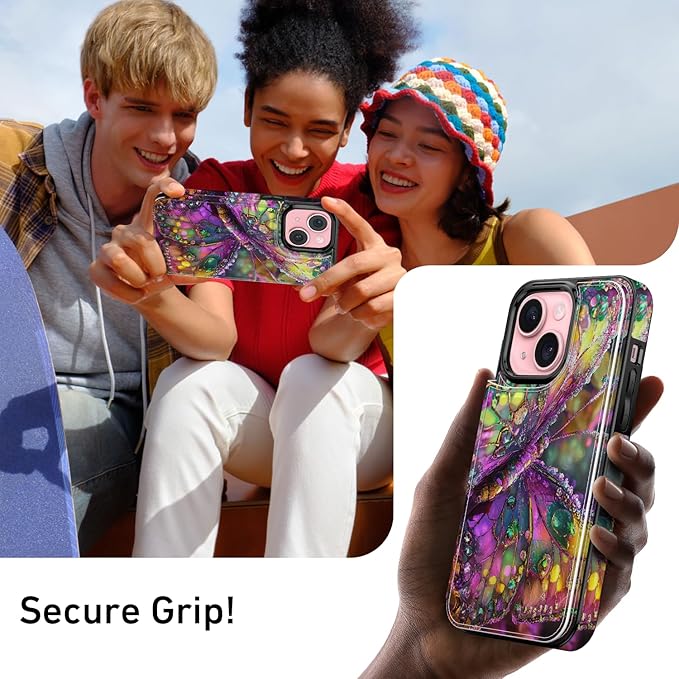 FUNMIKO for iPhone 14 Wallet Case with Card Holder, RFID-Blocking, Military-Grade Protection & UV-Printed Artwork, Magnetic Closure with Leather Kickstand - Vibrant Elegant Butterfly