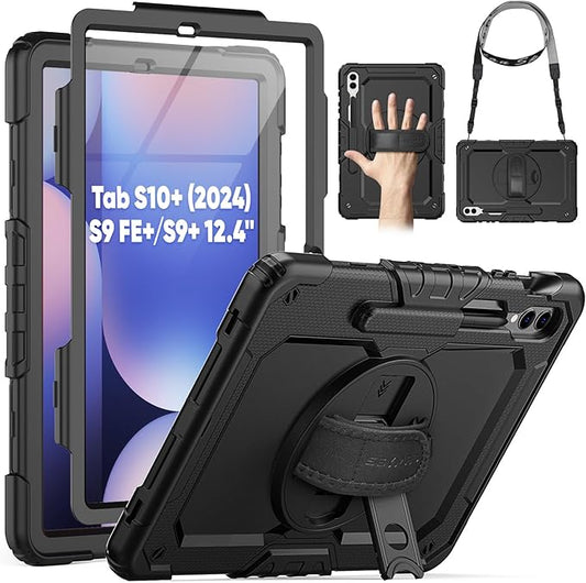 SEYMAC Case for Samsung Galaxy Tab S10+ Plus 2024/ S9 FE+ Plus/ S9+ Plus 12.4" 2023, Heavy Duty Shockproof Protective Case with Screen Protector, Stand, Hand/Shoulder Strap and Pen Holder, Black