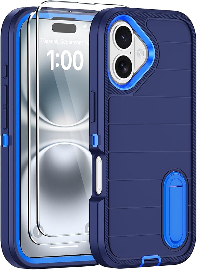 for iPhone 16 Case with 2 Screen Protectors,Heavy Duty Shockproof Drop Protection Military Grade Tri-Layer Rugged Cell Phone Cover with Built-in Invisible Kickstand 6.1“ (Blue)
