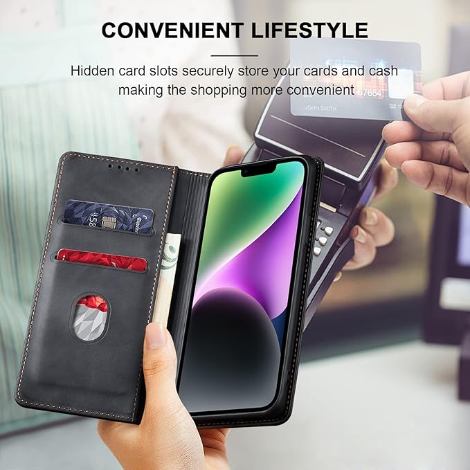 Jasonyu Flip Wallet Case for iPhone 14 Plus 5G,Leather Magnetic Folio Cover with Card Holder,Kickstand - TPU Shockproof Durable Protective Phone Case,Black