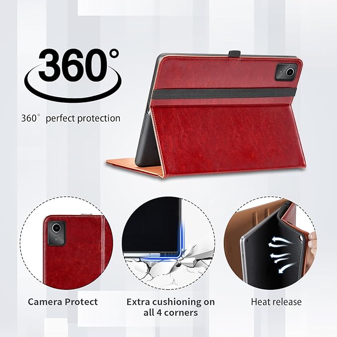 Case for Lenovo Tab M11 (TB-330FU/TB-331FC)/Tab K11 LTE 11 Inch 2024 - PU Leather Business Folio Case with Hand Strap and Pocket, Auto Wake/Sleep Smart Tablet Cover, Red