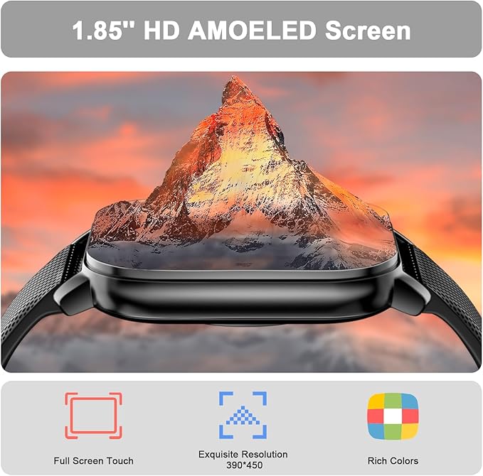 Smart Watches for Men Women, 1.85'' AMOLED HD Fitness Tracker with 100+ Sports Modes, Smartwatches with Bluetooth Call/Heart Rate/Sleep Monitor/Pedometer, IP68 Waterproof Watch for Swimming, Black