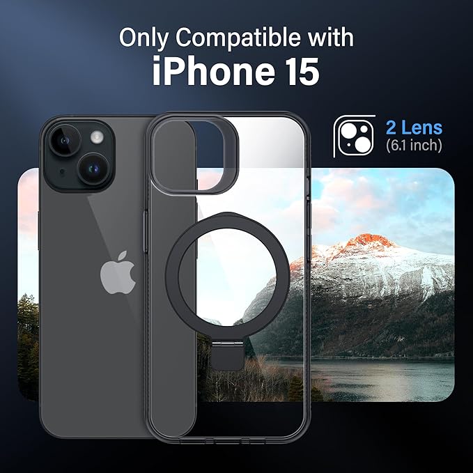Magnetic Case for iPhone 15 - [Built-in Invisible Stand] [Compatible with MagSafe] [Military Grade Drop Protection] Anti-Yellowing Hard Back Silicone Edge Cover, 6.1", Clear Black