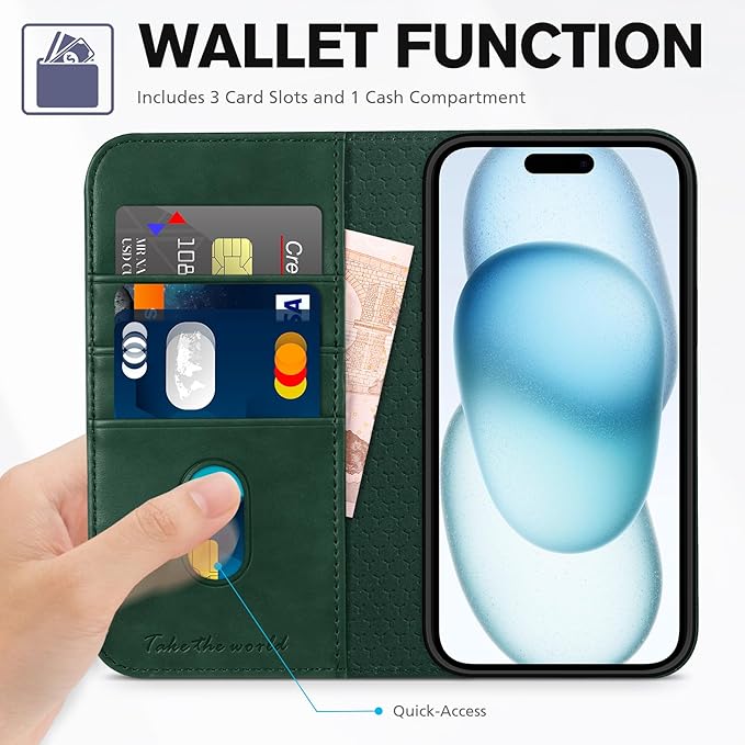 TUCCH Wallet Case for iPhone 15 6.1", Kickstand PU Leather Flip Folio Book Case with 3 Credit Card Holder RFID Blocking [Shockproof TPU Interior Case] Compatible with iPhone 15 5G 2023, Dark Green