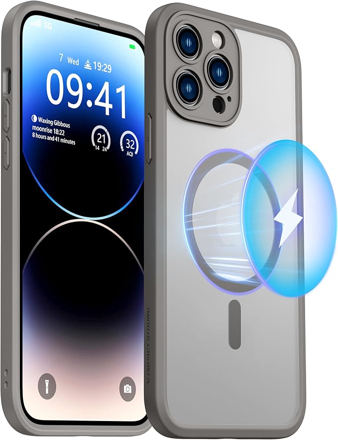 ImpactStrong Magnetic Guard Designed for iPhone 14 Pro Case [Camera Protection] [Military Grade Drop Tested] [Compatible with MagSafe] Slim Translucent Matte Phone Case (6.1") - Gray