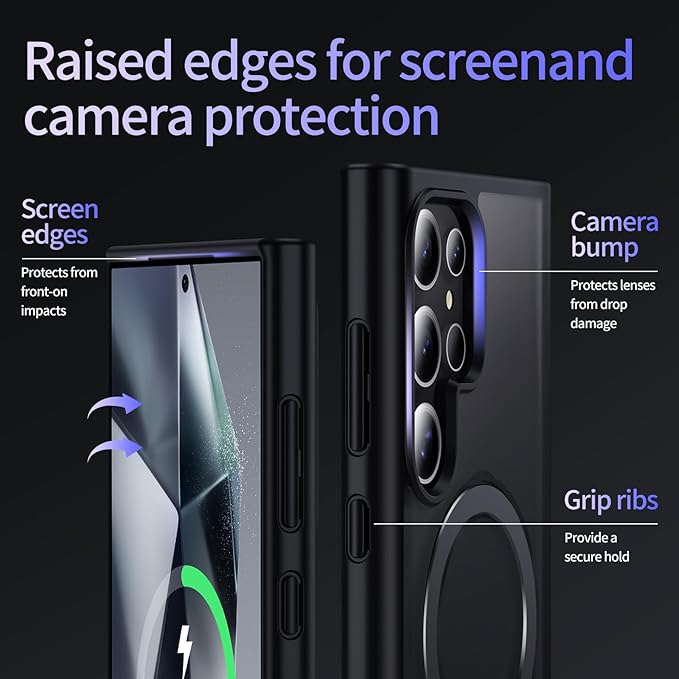 for Samsung Galaxy S23 Ultra Case,Compatible with Magsafe [Wireless Charging],with 360°Rotatable Magnetic Ring Stand Matte Translucent Slim Soft Edge Phone Kickstand,Black