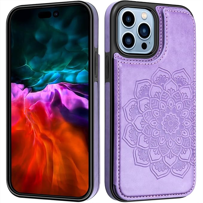 MMHUO for iPhone 14 Pro Max Case with Card Holder,Flower Magnetic Buttons Protective Wallet Case for Women for iPhone 14 Pro Max,Purple