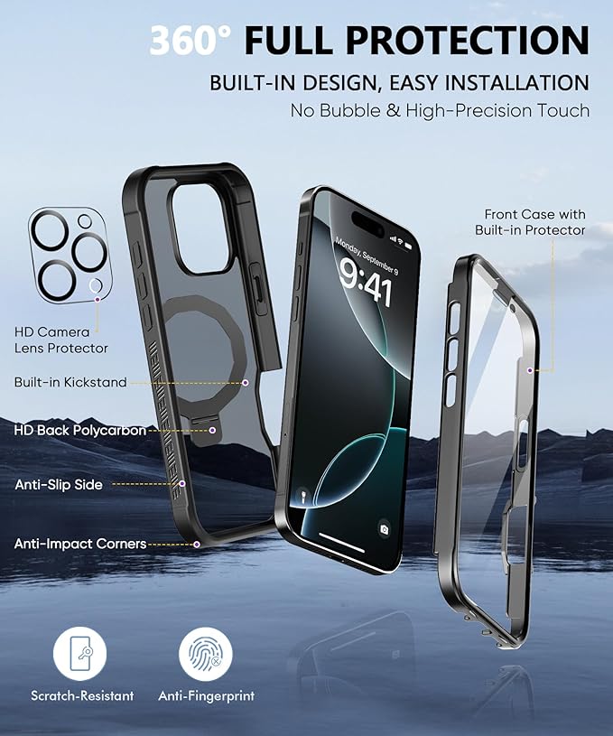 Compatible with iPhone 16 Pro Max Case, Built-in Screen Protector & Seamless Stand, with Camera Lens Protector, Strong Magnetic Matte Phone Case, Full Body Protective Cover for 6.9 Inch (Black)