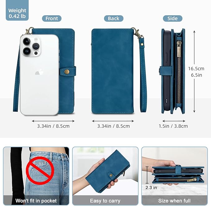 TwoHead for iPhone 13 Pro Max Wallet Case with Card Holder & Detachable Magnetic Phone Case, Leather All-Round Protection Phone Case Wallet for Women/Men,6.7 in,Navy Blue