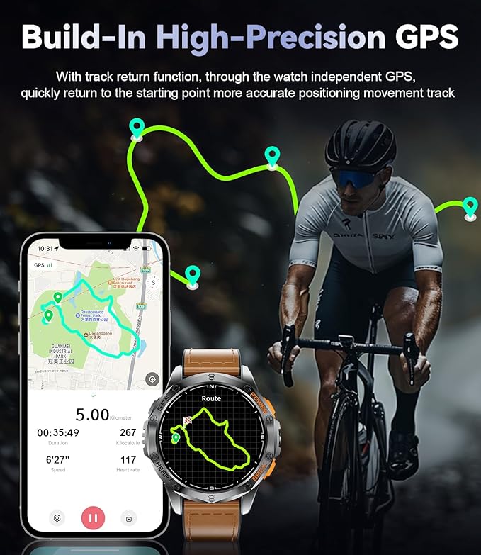 GPS Smart Watches for Men,1.43" AMOLED Fitness Tracker with LED Flashlight/Compass/530mAh Battery, Heart Rate/SpO2/Sleep Monitor 5ATM Outdoor Sports Smartwatch for Android iOS,100+Sport Modes