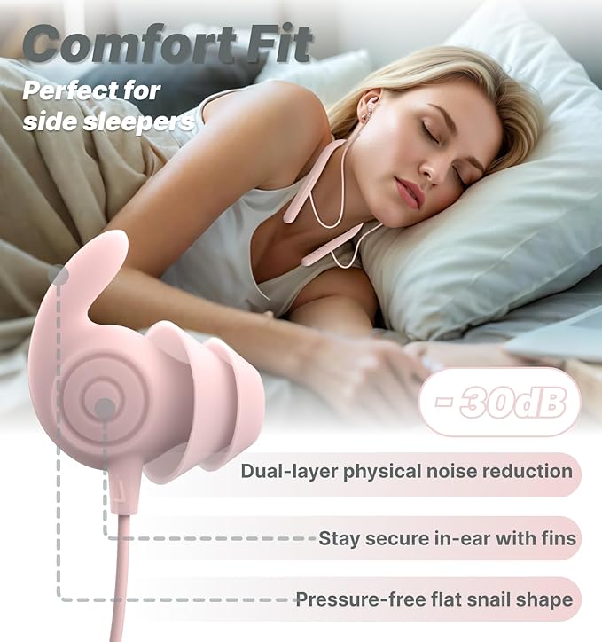 Hmusic HS88 Sleep Earbuds for Side Sleepers,Neckband Bluetooth Sleeping Headphones,-30dB Noise Isolate,Flat Thin Soft Silicone Earplug,12H Playtime w/Timer, for Yoga,Read,Air Travel,Audio Book