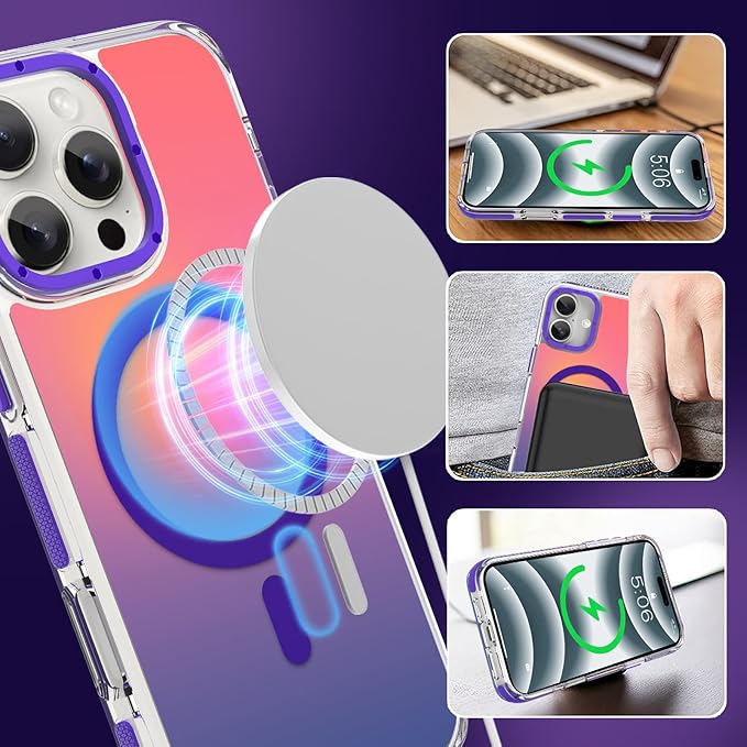 MOWIME Magnetic Case for iPhone 16 Pro Max [Compatible with Magsafe] [Cute Fashion Fluorescent Design] [1 Screen Protector] Slim Translucent Matte Cover for iPhone 16 Pro Max 6.9" 2024, Purple