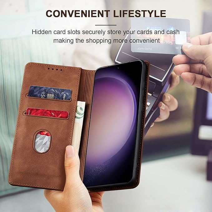 Jasonyu Flip Wallet Case for Samsung Galaxy S23 Plus/S23+ 5G,Leather Magnetic Folio Cover with Card Holder,Kickstand - TPU Shockproof Durable Protective Phone Case,Brown