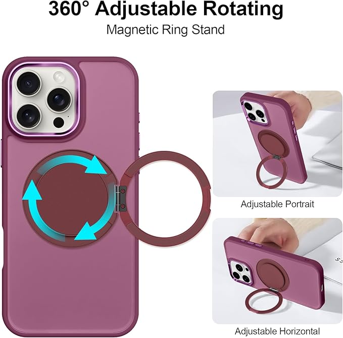 ZIYE Wine Red Case for iPhone 16 Pro Max Case with Stand [Compatible with MagSafe] Heavy Duty Protection Military Grade Shockproof Magnetic Cover with 360 Rotatable Ring Kickstand for Women Men