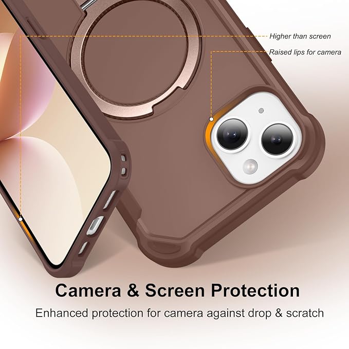 Compatible with iPhone 14 Plus Case & iPhone 15 Plus Case with Invisible Magnetic Ring Stand [Compatible with Magnetic] [Military Drop Protection] Shockproof Slim Cover 6.7 Inch, Khaki