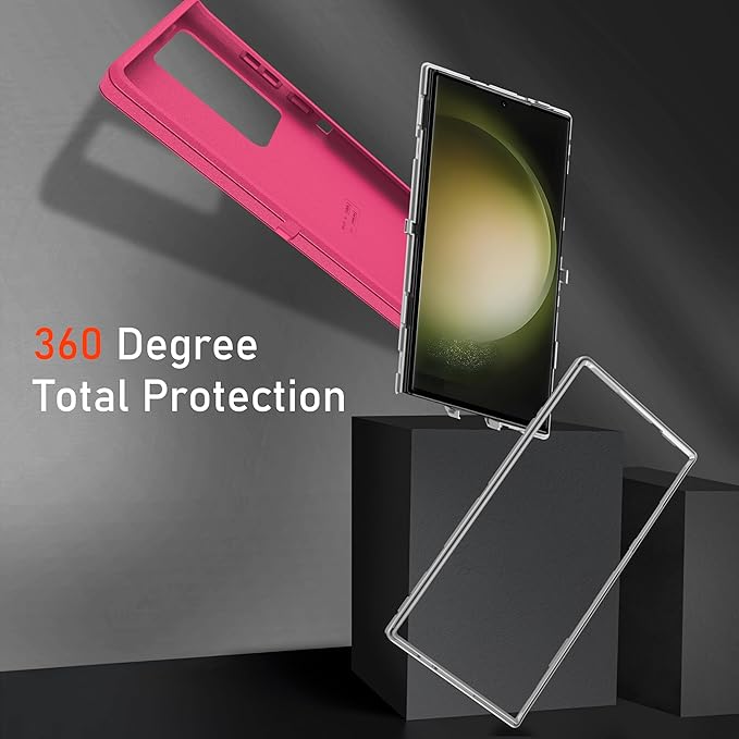 For Samsung Galaxy S23 Ultra Case, S23 Ultra Case with [2 Pack]HD Screen Protector, [Military-Grade] Shockproof Dust/Drop Proof 3-Layer Full Body Protection Heavy Duty Case for Galaxy S23 Ultra, Pink