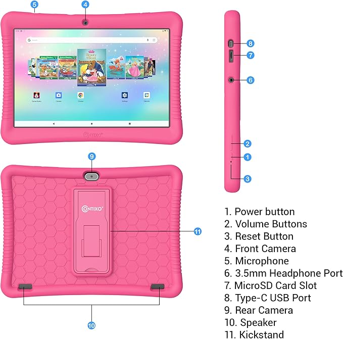 Contixo 10-Inch Kids Tablet - Ages 3-12, 80 Disney eBooks ($350 Value), 32GB Storage, Android, Parental Controls, Silicone Case w/Kickstand, STEM Learning Tablet for Older Kids - Pink