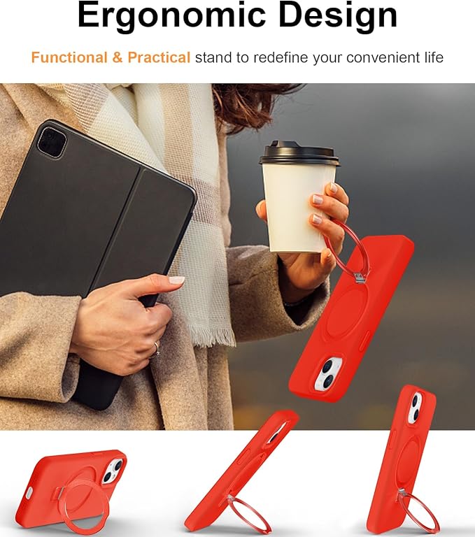 ZHK Liquid Silicone Designed for iPhone 13/14 Case with Magnet Stand, [Mil-Grade Drop Shockproof][Soft Anti-Scratch Microfiber Lining] Slim Fit Cover, Red