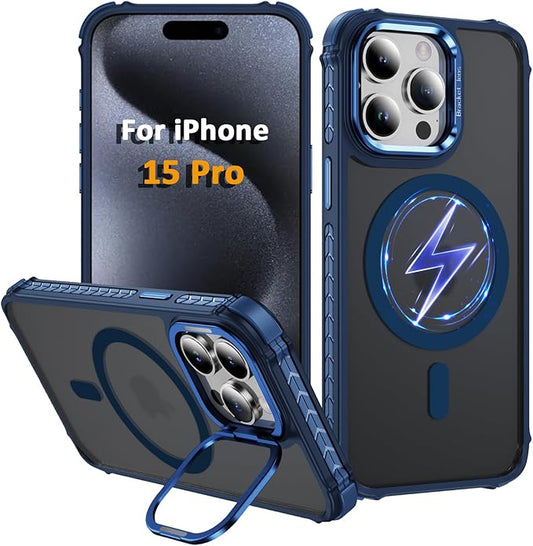 Magnetic for iPhone 15 Pro Case Blue with MagSafe Wireless Charging Heavy Duty Military-Grade Shockproof Protection Adjustable Kickstand Slim Matte Anti-Fingerprint Cover Men Women