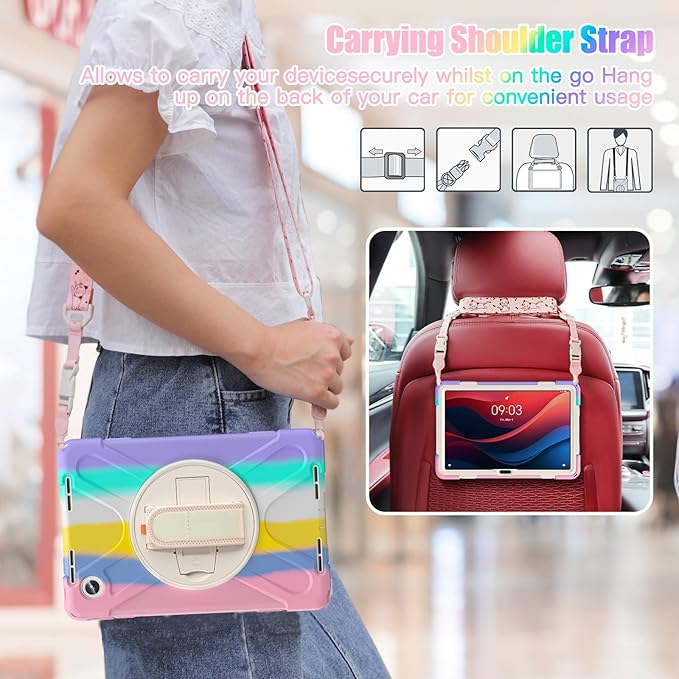 TSQQST Case for Lenovo Tab M11/ K11 LTE 2024 TB-330FU/TB330XU for Kids Girls, Full Body Drop Proof Case for Lenovo Xiaoxin Pad 2024 (TB331FC), 360° Rotate Stand &Hand Strap | Colorful Pink