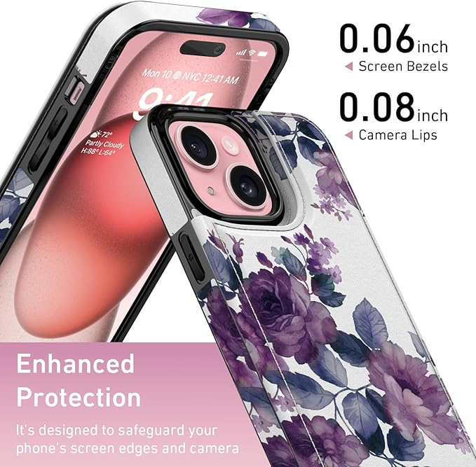 FUNMIKO for iPhone 15 Wallet Case with Card Holder, RFID-Blocking, Military-Grade Protection & UV-Printed Artwork, Magnetic Closure with Leather Kickstand - Elegant Purple Floral