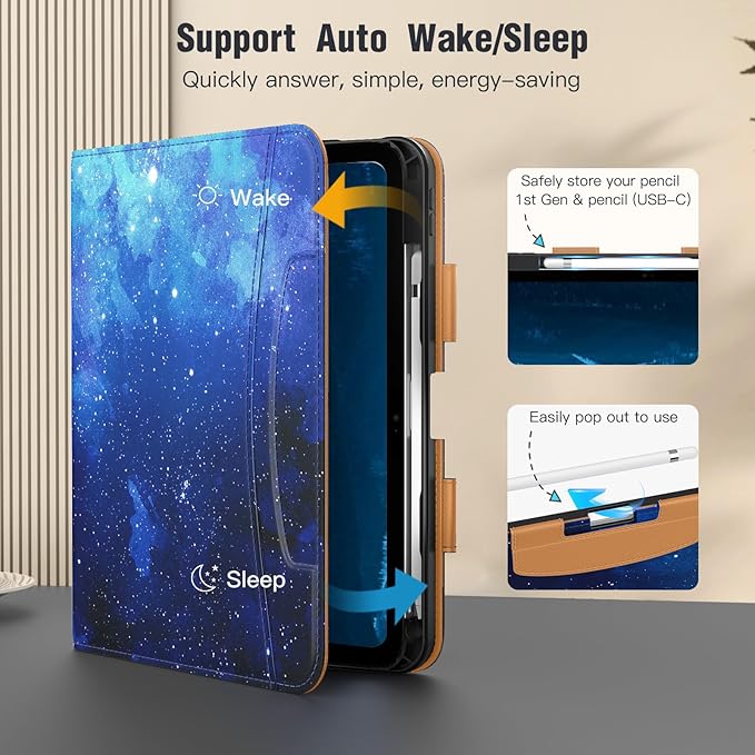 MoKo for iPad (A16) 11th Generation Case 11 inch 2025, iPad 10th Generation Case 10.9" 2022 with Pencil Holder & Pocket, Premium Leather Folio Stand Cover, Multiple Viewing Angles, Blue Starry Sky