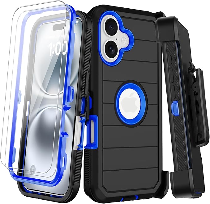 for iPhone 16 Case with 2 Screen Protectors,Heavy Duty Shockproof Drop Protection Military Grade Tri-Layer Rugged Cell Phone Cover with Belt Clip Holster & Kickstand for Apple 16 6.3“ Black Blue