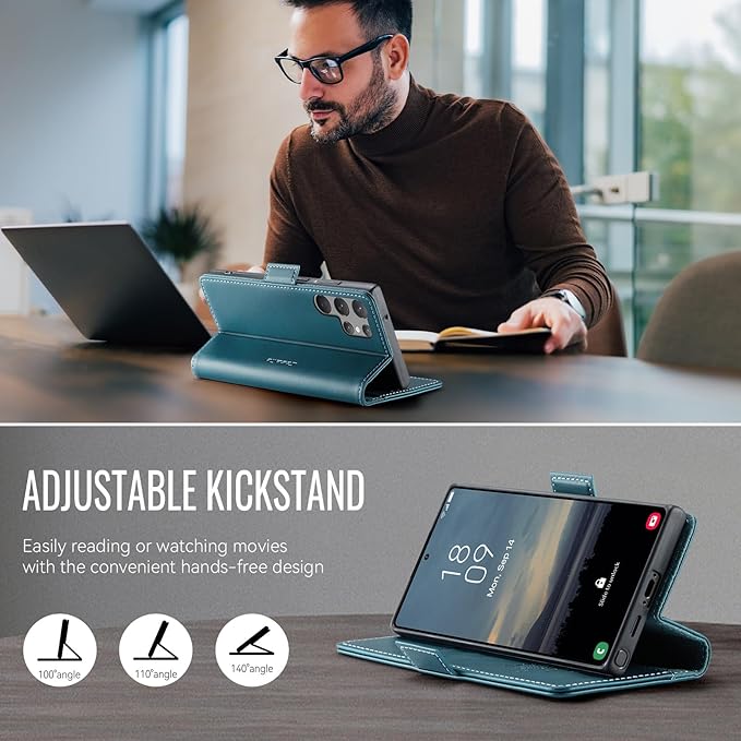 Wallet Case for Samsung Galaxy S23 Ultra Leather Wallet Flip Cover with Card Holder, Kickstand, Magnetic Closure, RFID Blocking TPU Shockproof Phone Case Compatible with S23 Ultra,Blue-Green