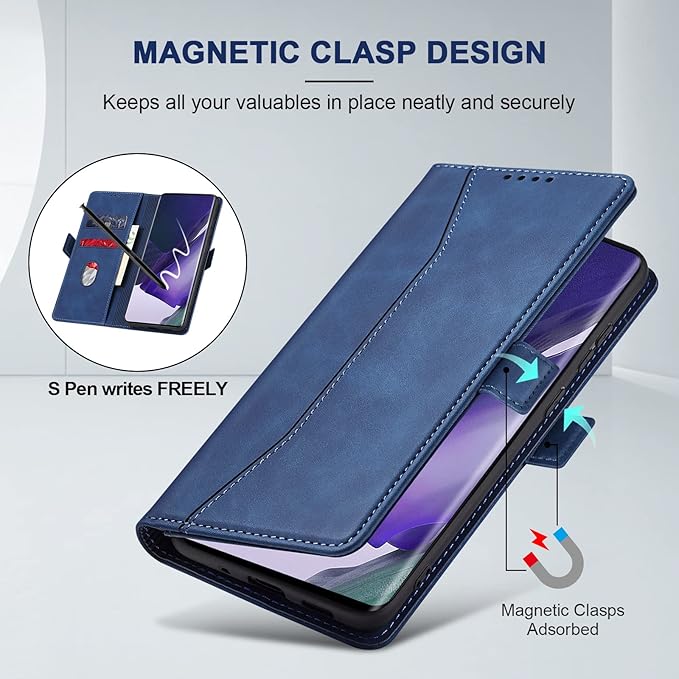 Jasonyu Flip Wallet Case for Samsung Galaxy Note 20 Ultra,Leather Magnetic Folio Cover with Card Holder,Kickstand - TPU Shockproof Durable Protective Phone Case,Blue