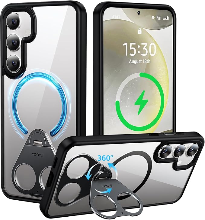 for Samsung Galaxy S24 Case,Compatible with Magsafe,with 360°Rotatable Magnetic Ring Stand Clear Slim Soft Edge Phone Kickstand,Clear & Black