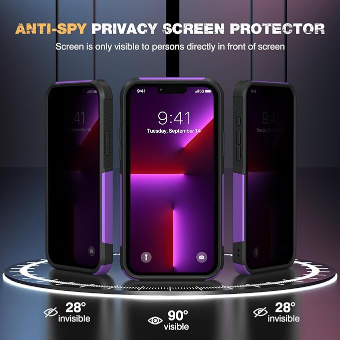 Diaclara Designed for iPhone 13 Pro Max Case, [with Privacy Screen Protector] [Anti Spy] [Military Grade Drop Protection] Heavy Duty Full-Body Shockproof Phone Case, Purple