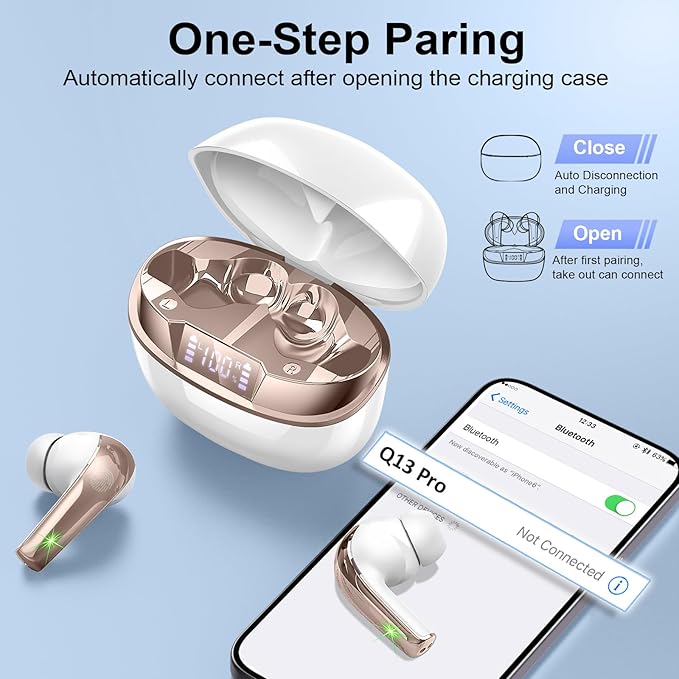 Wireless Earbuds, Bluetooth 5.4 Headphones in Ear, Mini Bluetooth Earbuds HiFi Stereo Deep Bass with 4 ENC Noise Cancelling Mic, Wireless Ear Buds 47H Long Playtime LED IP7 Waterproof USB-C(White)
