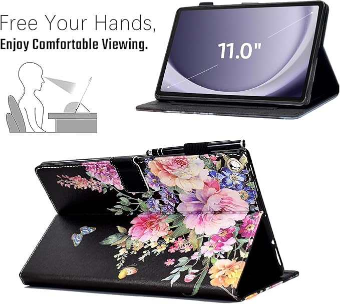KEROM Case for Samsung Galaxy Tab A9+ Plus 11 Inch 2024 2023 (SM-X210/X216/X218), Slim PU Leather Stand Case Protective Cover for Galaxy Tab A9+/A9 Plus Tablet, Auto Wake/Sleep - Flowers