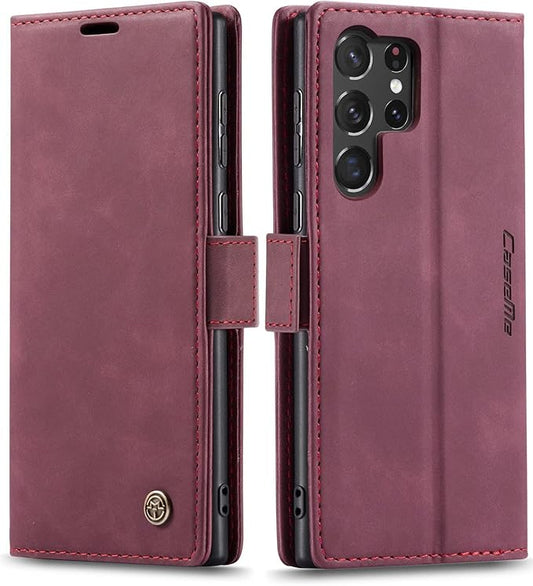 SINIANL for Samsung Galaxy S24 Ultra Case Wallet, Leather Book Folding Flip Cover with Kickstand Card Holders Slots Leather Case for Galaxy S24 Ultra Wine Red