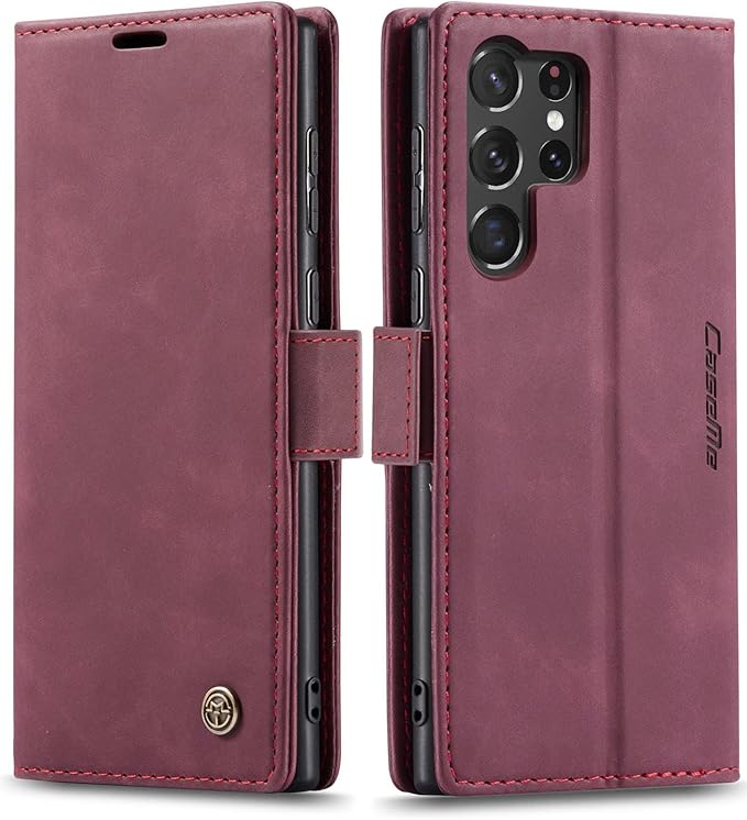 SINIANL for Samsung Galaxy S23 Ultra Leather Case, Vintage Wallet Case Book Folding Flip Case with Kickstand Card Holders Slots Protective Cover for Galaxy S23 Ultra Wine Red