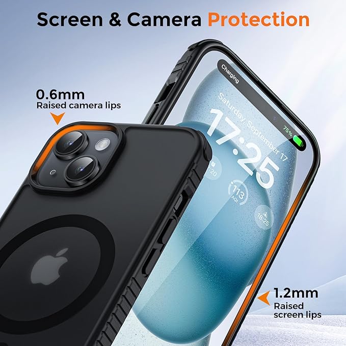 UNBREAKcable Magnetic Case for iPhone 15, [Compatible with MagSafe] [Military Grade Shockproof] [Non-Slip] Translucent Matte Back Soft Silicone Protective Case for iPhone 15, Black