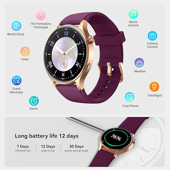 Fitpolo Smart Watch for Women,1.3" AMOLED Touchscreen Fitness Tracker, Make/Answer Calls, Heart Rate SpO2 Monitor,IP68 Waterproof,Sleep Activity Tracking Smartwatch for Android Phones iPhone (Purple)