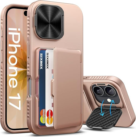 for iPhone 17 Case with Card Holder & Stand & Camera Cover, Military Grade Drop Protection Hard Rugged Multifunctional Wallet Kickstand Protective Phone Case for iPhone 17, Rose Gold