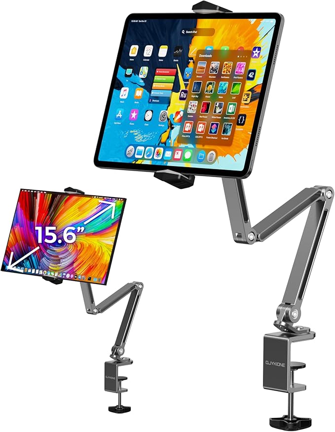 Aluminum Alloy Tablet Stand for Desk, 360° Adjustable iPad Arm Mount Foldable Phone Holder Compatible with iPad Pro Air 13/12.9/11 Mini, Portable Monitor 15.6, Samsung Galaxy, Kindle- Grey