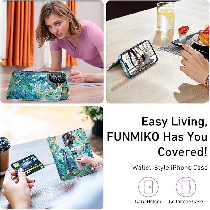 FUNMIKO for iPhone 16 Wallet Case with Card Holder, RFID-Blocking, Military-Grade Protection & UV-Printed Artwork, Magnetic Closure with Leather Kickstand - Sleek Cyan Leaf